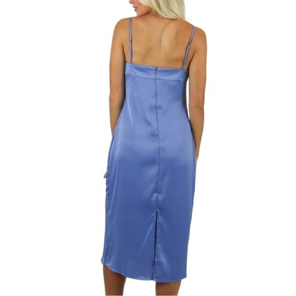 NWT WeWoreWhat Revolve Blue Slate Periwinkle Satin Midi Cowl Neck Dress Size 0 - Picture 2 of 12